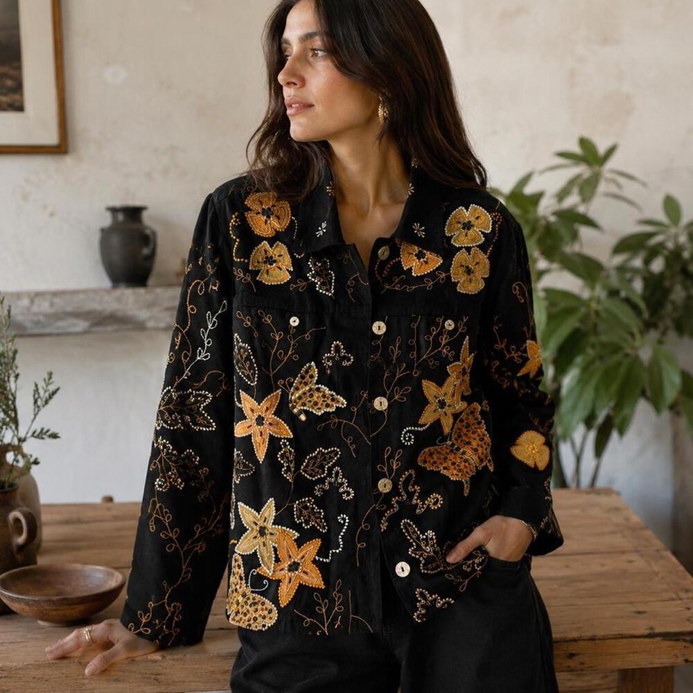 Vintage Yak Magik Embroidered Jacket Large Black Gold Beaded Nepal Boho